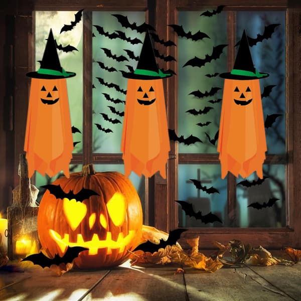 3 STK Halloween-dekorasjoner, oransje gresskar-spøkelseshatt Halloween-dekorasjon
