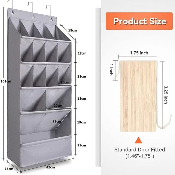 Over-the-Door Shoe Organizer - 15 Pockets for Wardrobe & Wall with 3 Hooks gray gray black