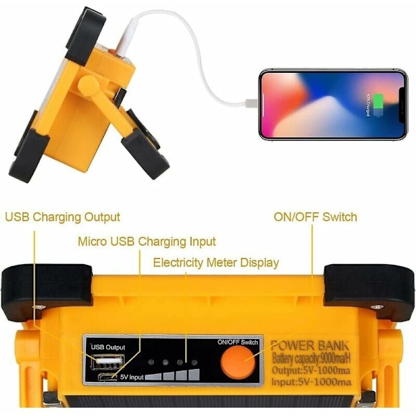 Uppladdningsbar LED-strålkastare 60W 3000 Lumen Byggarbetsplatslampa med 9000mah Batteri och Solpanel 4 Lägen Bärbar Lykta Utomhusstrålkastare