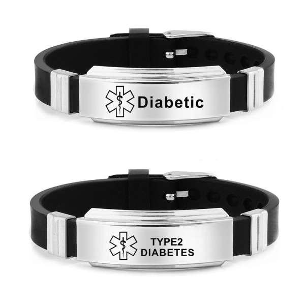 Svart diabetikerarmband i silikon med medicinsk varningssymbol i rostfritt stål Diabetic
