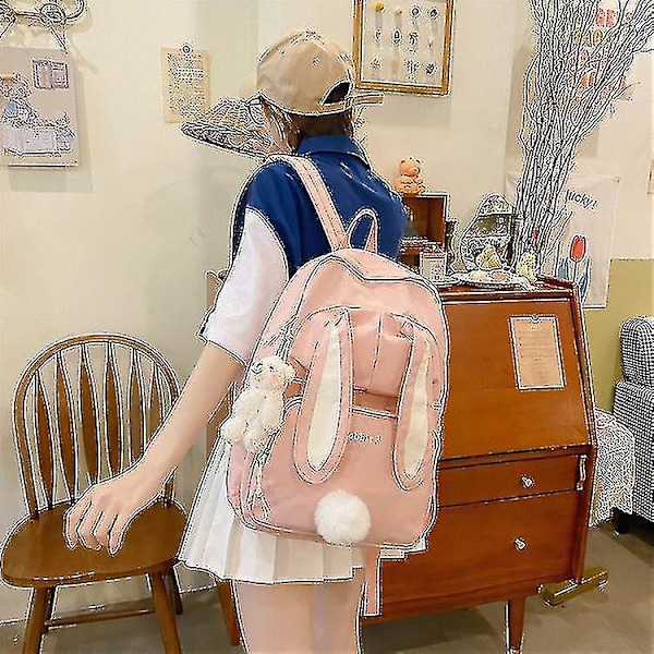 Sød Kanin Ung Pige Skoletaske Kvinde Stor Kapacitet Kawaii Rygsæk Mochila Pink Dame Taske Nylon Tegneserie Skoletaske Med Bjørnedukke With bear doll white
