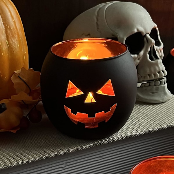 Halloween Borddekoration Set med 6, Jack O Lanterns Svarta Glas Votiv Tealight Ljusstakar, Halloween Dekorationer Inomhus Fest Mantel