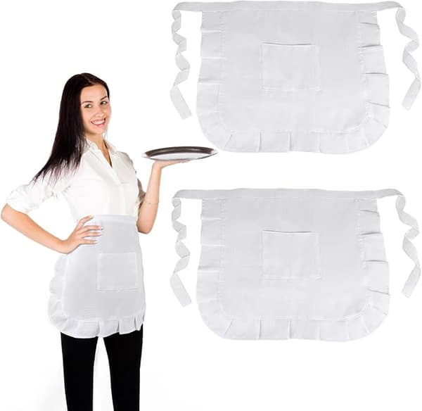 Justerbart midjeförkläde för kök för kvinnor och män med ficka Halv haklapp Vit 2-pack