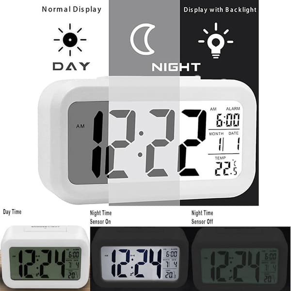 Digital Vekkerklokke med LED-display, Temperatursensor og Automatisk Dimming, Hvit