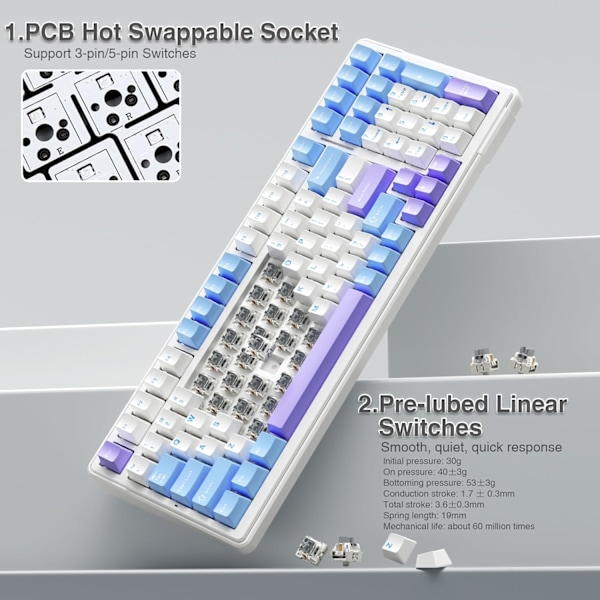 Mekanisk Speltangentbord, BT5.0/2.4GHz/USB-C Bytbar Anpassat Tangentbord, Förlurade Brytare RGB-Tangentbord för PC/Tablett/PS/Xbox, Blå & Lila