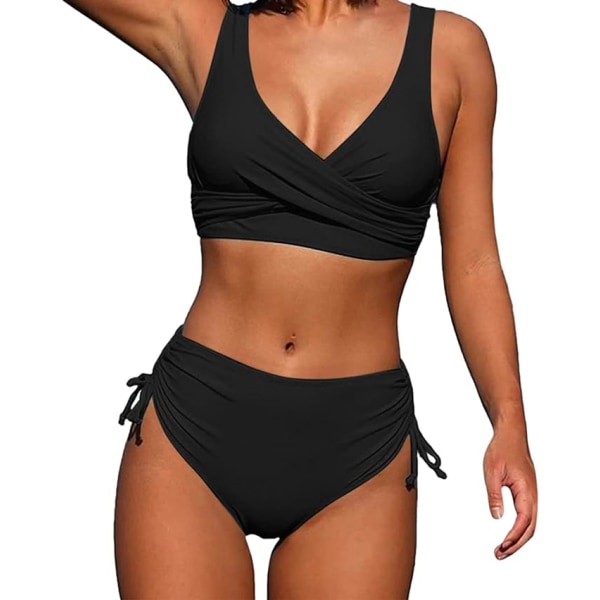 Bikiniset för kvinnor - Tummy Control V-ringad baddräkt med hög midja Black L