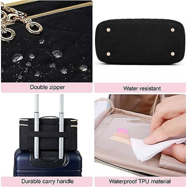 Stor Makeup Taske Organizer, Dobbelt Lag Rejse Kosmetiktaske med Akryl Spejl, Makeup Taske med Justerbare Rumdelere, Sort