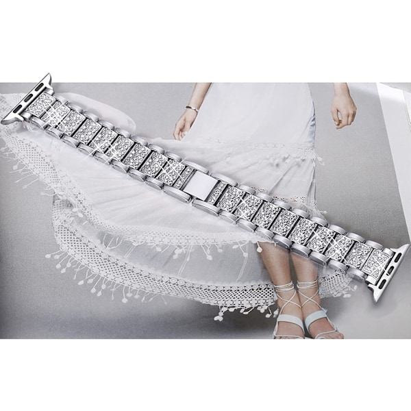 Stropp og Apple Watch-reim iWatch Series 7/6/5/4/3/2/1 Metall Kompatibel Tre Perler Diamantstropp --- Sølv (42/44/45mm) {hh]