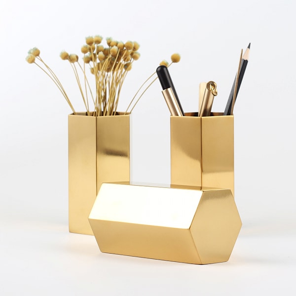Guld Hexagonal Pennhållare Ornament Kontorsmaterial Organizer Skrivbord