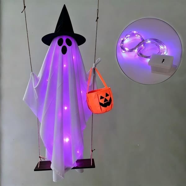1,5M Hängande Pumpa Gunga Spöke med Trollkarlshatt Halloween Utomhusdekoration (Warm Light)