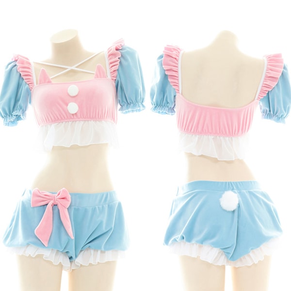 Lolita Søt Pyjamas Puff Ermer Tube Top og Shorts Undertøysett Anime Cosplay for Katteører Pyjamas Fristelse Linge