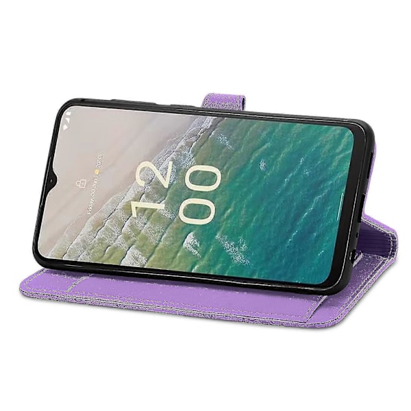 Læderetui med blomstermønster, lynlåslomme, stativ og pungfunktion til Nokia C32 - Lys lilla{HH}