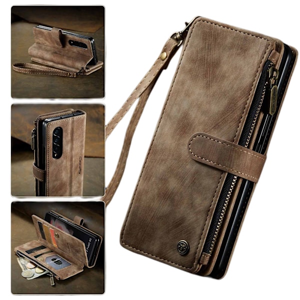 For Samsung Galaxy Z Fold 3 Deksel, Nyeste Retro Lommebokdeksel med Kortspor, Multifunksjonelt Deksel med Magnetisk Støtte Stropp Glidelås{HH}