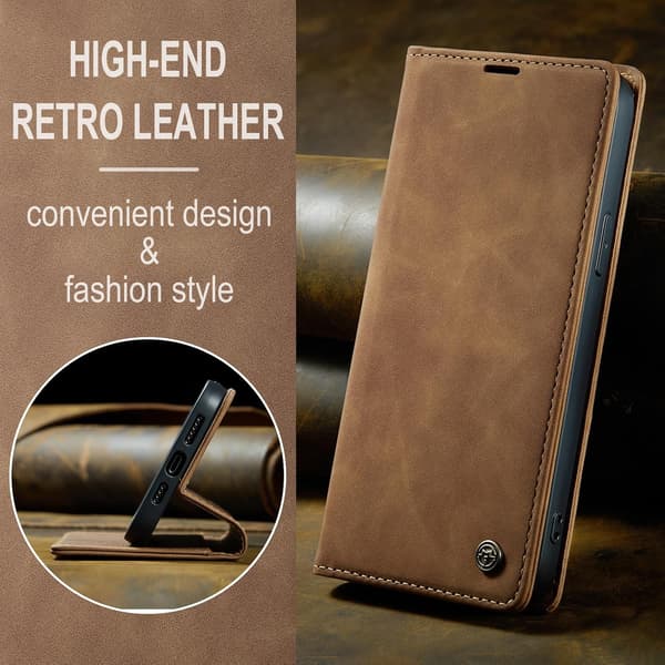 iPhone 14 7G skyddsfodral, PU-läder flip plånboksfodral med kortfack. brown