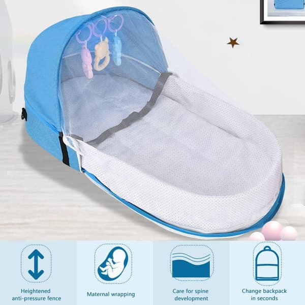 Bærbar babynest sammenklappelig rejseseng med åndbart net vaskbar blå 35x40x13cm