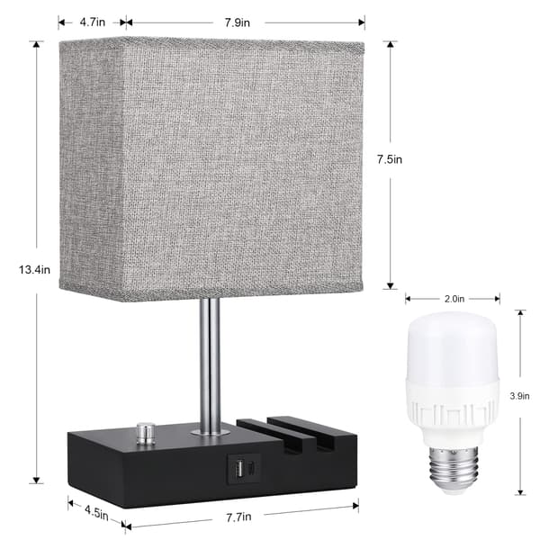 Fully Dimmable Bedside Table Lamp with USB A+C Charging Port, Phone Holder with Grey Fabric Shade, LED Bulb Included
