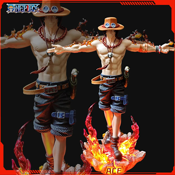 28cm One Piece Ace Anime Figur Portgas D Ace Figurer Actionfigurer Gk Figur Pvc Med Lys Statue Model Julegave with box