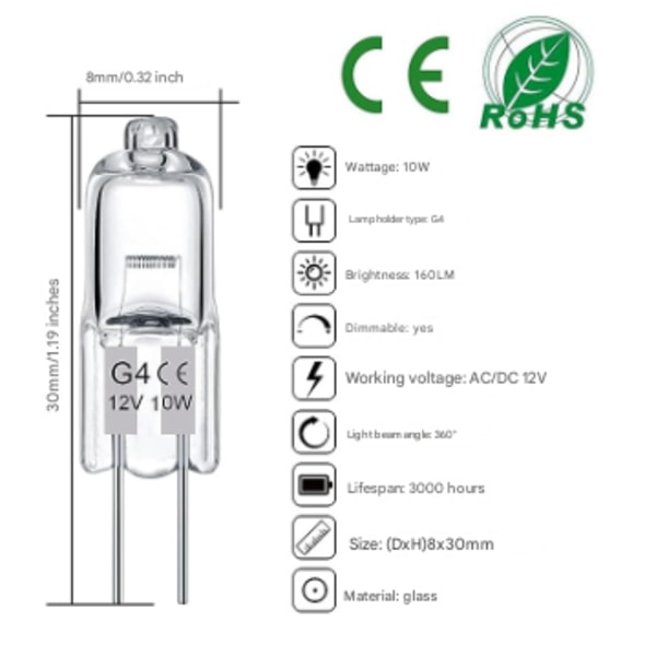 G4 Halogenlampe 20W/10W 12V - Varmhvit - 20-pakning 10W