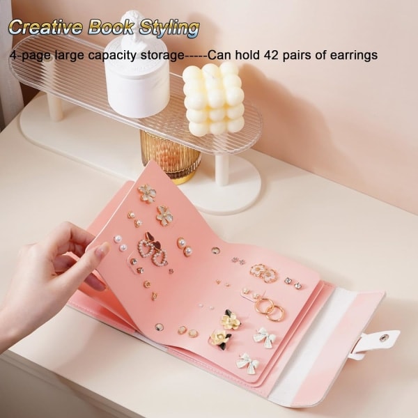 Øreringeholder Organizer med Foldbart Bogdesign Øreringe Bog Organizer, Bærbar Læder Rejse Øreringe Taske{hh} pink