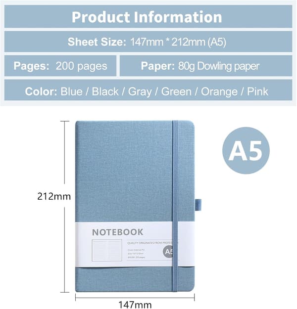 A5 Linjerad Anteckningsbok 200 Sidor Blå - Lättskriven Bläckresistent Papper - 180 Graders Platt Liggande Sydd Bindning - Studiedagbok 14,7 x 21,2 cm