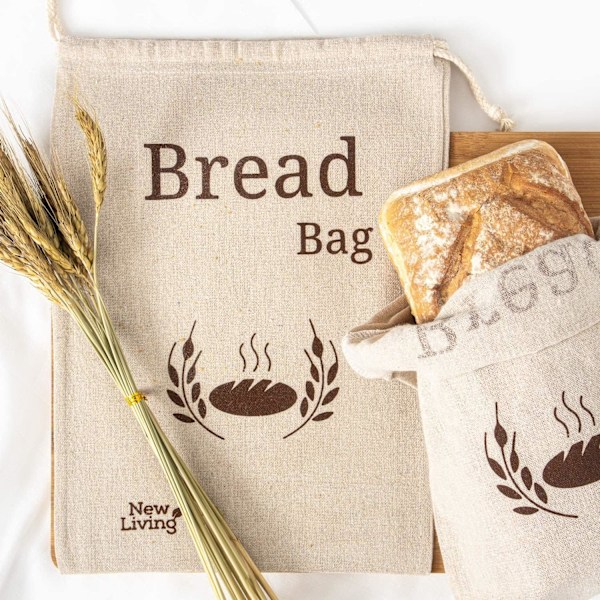 2-pack New Living brödpåsar i naturligt linne | Ekologisk blandning | 2 x återanvändbara brödpåsar | Matförvaringspåse | Brödförvaringspåsar | 38x27 cm |