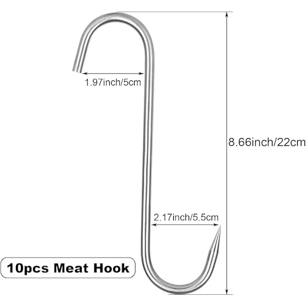20 stk. Kødkroge, 22 cm Kødkroge i rustfrit stål, Kraftige S-kroge Kødkroge til slagtning, rygning, svinekød, kylling, fisk