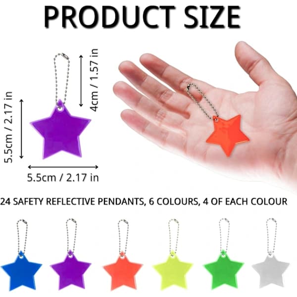 24 pcs. reflective pendants - star-shaped keychain reflectors, safety equipment for backpack, school bag, bicycle and stroller