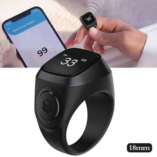 KZQ-Smart Tasbih Tellerring For Muslims Zikr Digital Tasbeeh 5 Bønnetidspåminnelse Bluetooth Black
