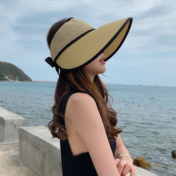 Foldable Sun Visor Women Wide Brim Bow Sun Hat Breathable Summer Beach Hat