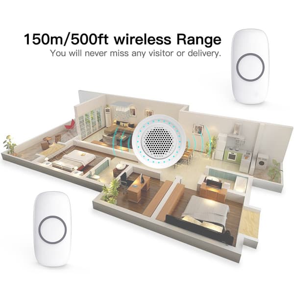 Trådlöst dörrklockset 4 volymnivåer 150m räckvidd 32 melodier IP55 Vattentät LED Blinkande indikator Lång batteritid Vit
