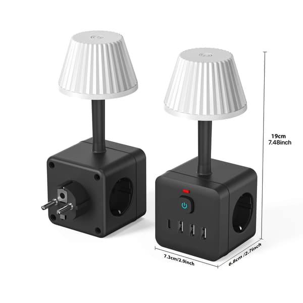 Skjøteledning med dimbar LED-lampe USB Type C ladestasjon Black