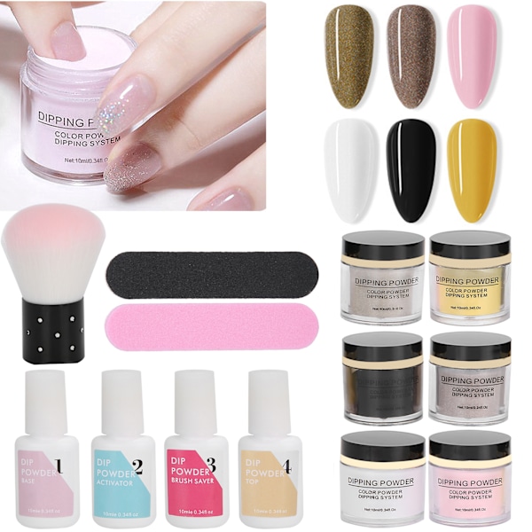 Negle Dyppe Pulver Sett Neglekunst Pulver Topp Base Coat Gel Støvbørste Manikyr Verktøy Sett K1215
