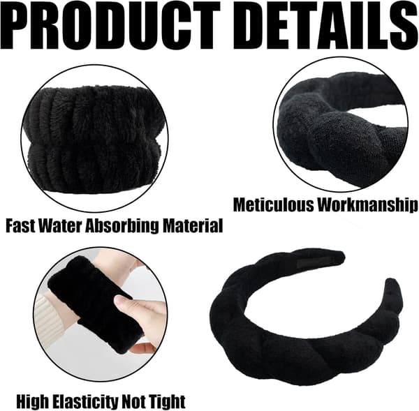 3-pak Hårbånd og armbånd til makeup og ansigtsvask, sort