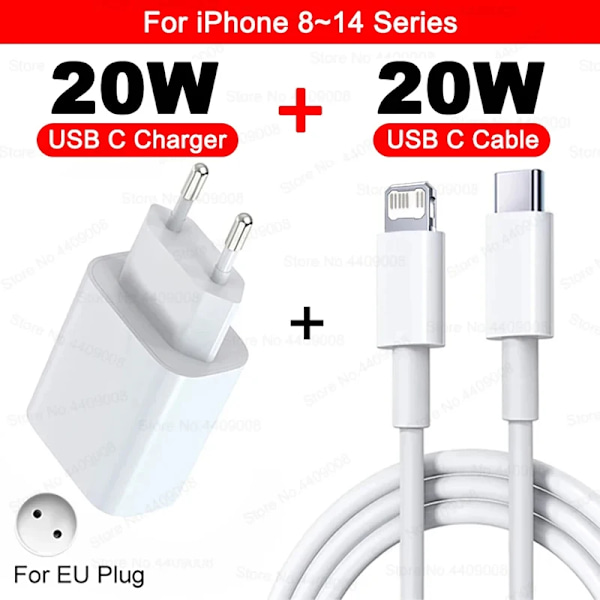US EU Adapteri 20W PD Pikalaturi iPhone 13 12 11 14 15 16 Pro Max Plus USB C Type C -laitteille Nopea Latauslaturi Kaapeli Lisävaruste EU 2IN1(8-14 Series)