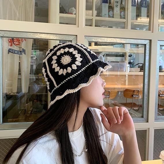 Broderet Bucket Hat til Kvinder Foldbar Solhat til Afslappede Udflugter Sport Ski Sort