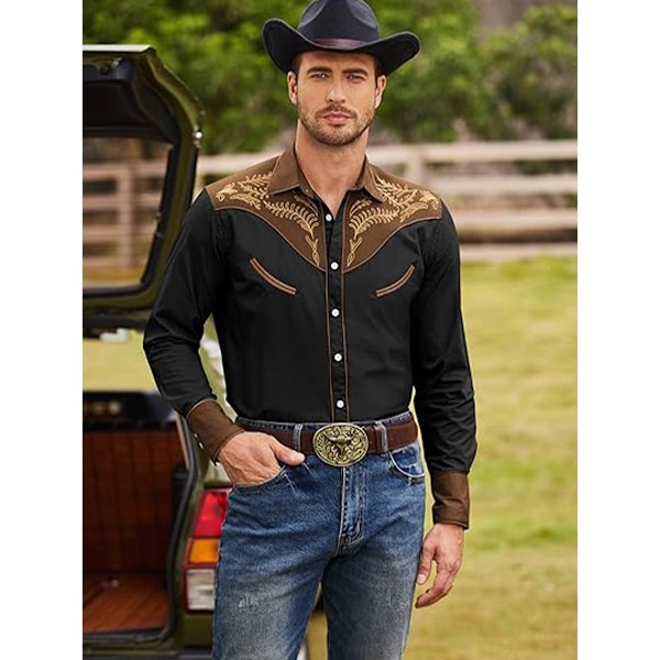Cowboy skjorte til mænd, afslappet langærmet skjorte med knapper, sort{HH} black 2XL