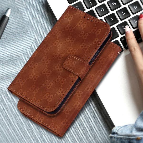 Preget 8-format relieff feste kortholder lommebokveske egnet for iPhone 7/iPhone 8/SE (2020), laget av PU-lærmateriale coffee