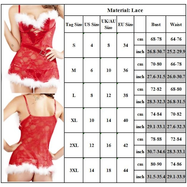 Kvindesexy Natskjorte i Blonder til Jul - Natskjorte Pyjamas Undertøj Rød Red 3XL