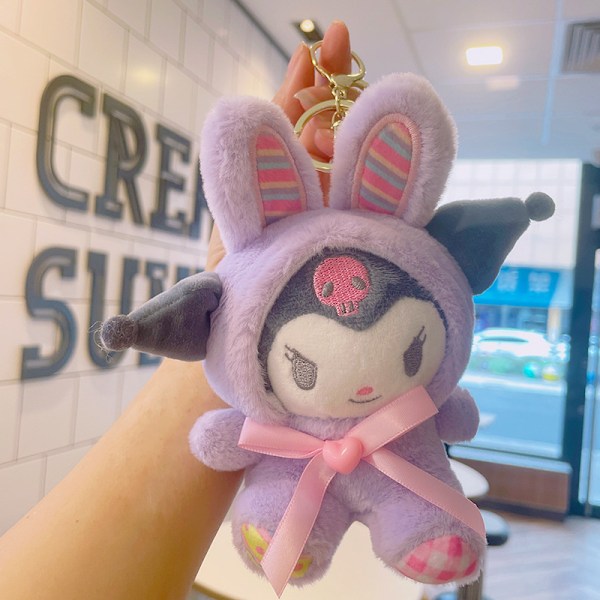 Tecknad Kuromi docka skolväska hänge docka plyschleksak par nyckelring väska hänge Plush Macaron Series-Kulomi 11cm (with keychain)