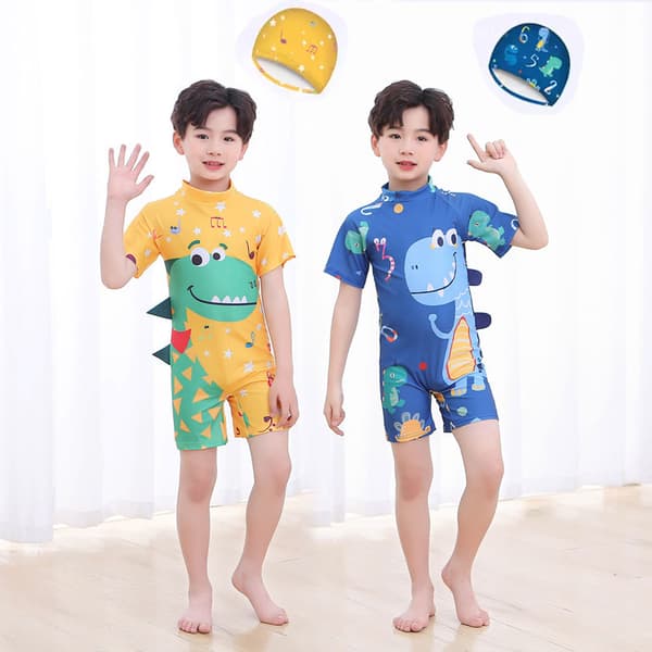 Badedrakt for barn, badedrakt for gutter i ett stykke, medium og stor Note Dragon with Hat L (5-6 years old)