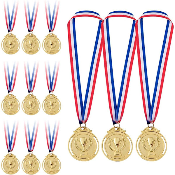 12 medaljer (gull), metallmedalje med gravert trofé-mønster