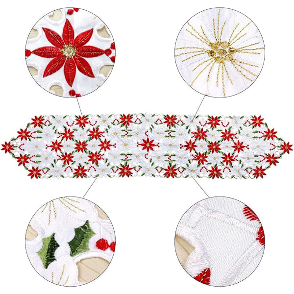 Broderte julebrikker med julestjerne og misteltein, lin til julepynt 36,8 cm x 175,3 cm