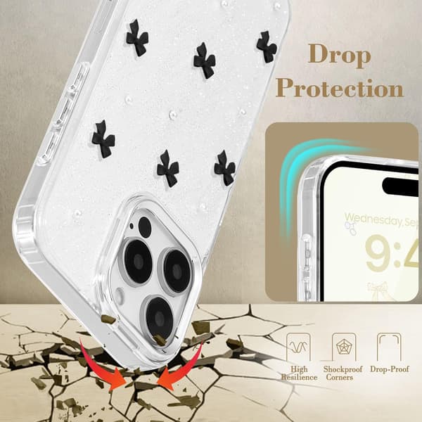 Compatible with iPhone 16 Pro, Bling Glitter 3D Bow Phone Case Cute Glittery Crystal Clear Bow Slim Soft Durable Protective Cover Black Black iPhone 16 Pro