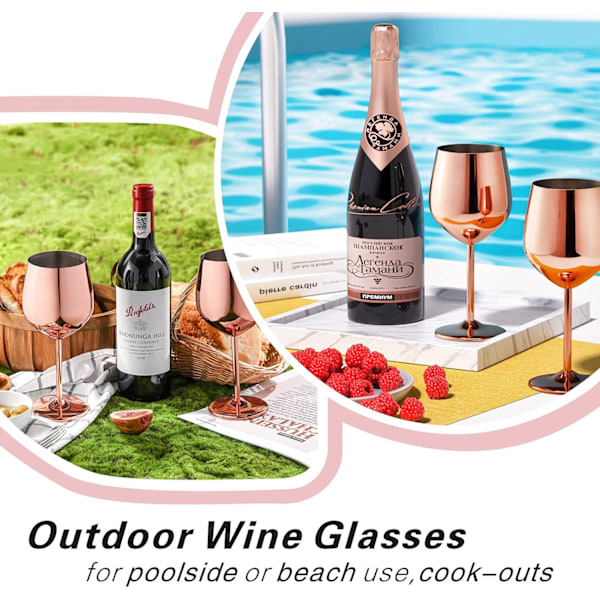 Vinglass Sett med 4, 53 cl Rustfrie Stål Vinglass, Uknuselige & Portable Vinglass med Stilk i Metall for Utendørs, Reise, Camping og P Rose Gold