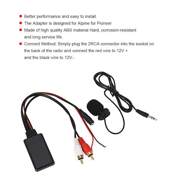 Bluetooth AUX-modul 2 RCA-kabeladapter med handsfree-mikrofon för Alpine för Pioneer