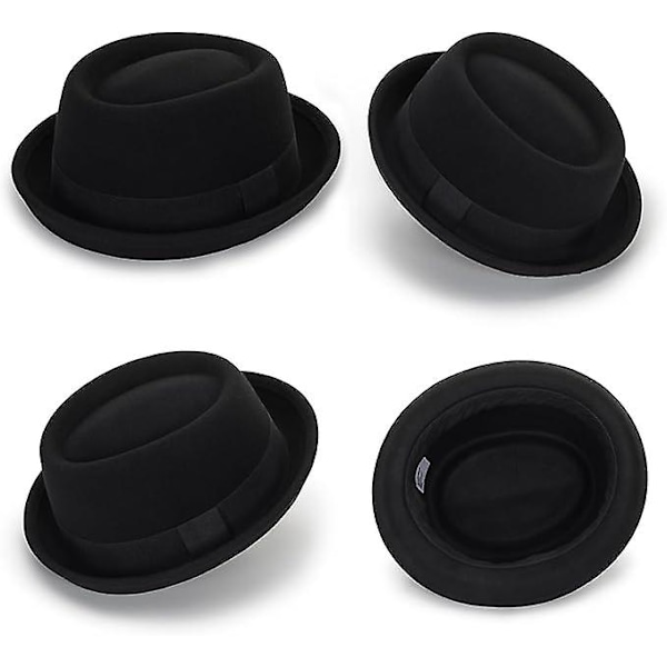 Herrhatt Platt Topp Porkpie Hatt Blower Hattar, Svart Ullhatt Med Band
