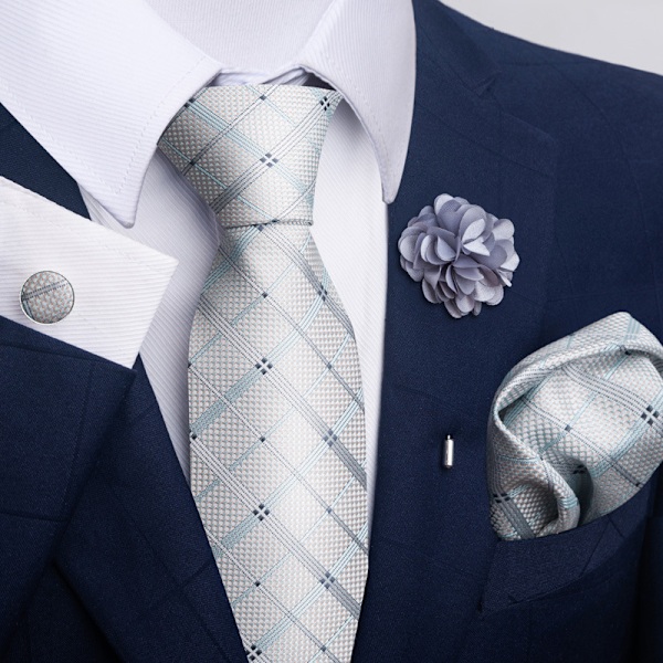Højkvalitets herre slips med manchetknapper, lommetørklæde og boutonniere 3