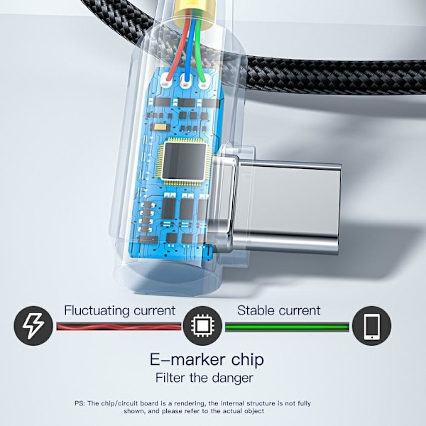 ESSAGER 2m 60W PD USB-C - USB-C Kulmaliitin Latauskaapeli Musta