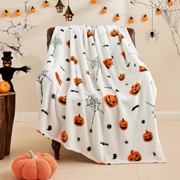 Myk og Koselig Halloweenpledd, Skummelt Gresskar Flaggermus Edderkoppnett Mønster Hvit Pledd for Sofa Seng Hjemmeinnredning Gaver 127cm x 152cm