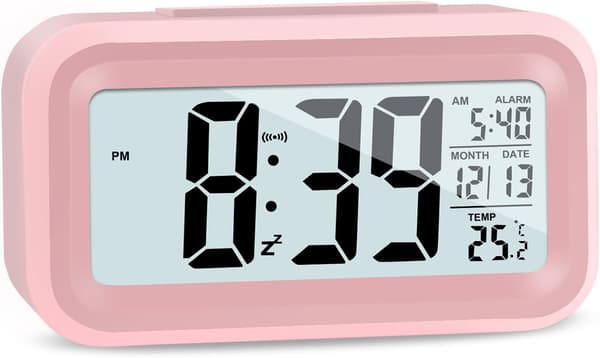 Digital väckarklocka med temperaturvisning, smart ljusstyrkesensor, rosa för hem och sovrum